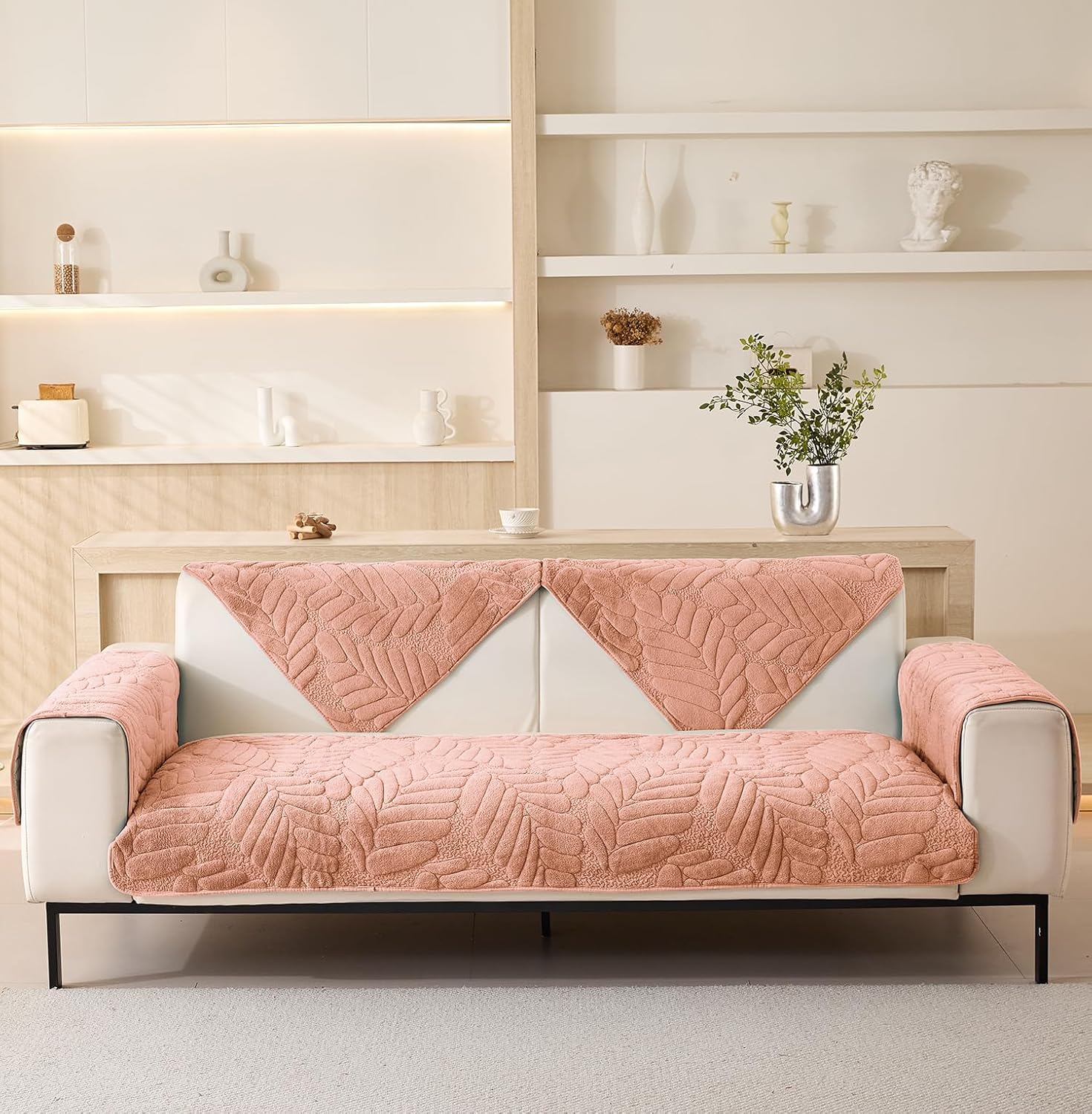 Sofa Cover Mat Leaf Coral Fleece Chenille Fabric Seater Sofa (Peach)