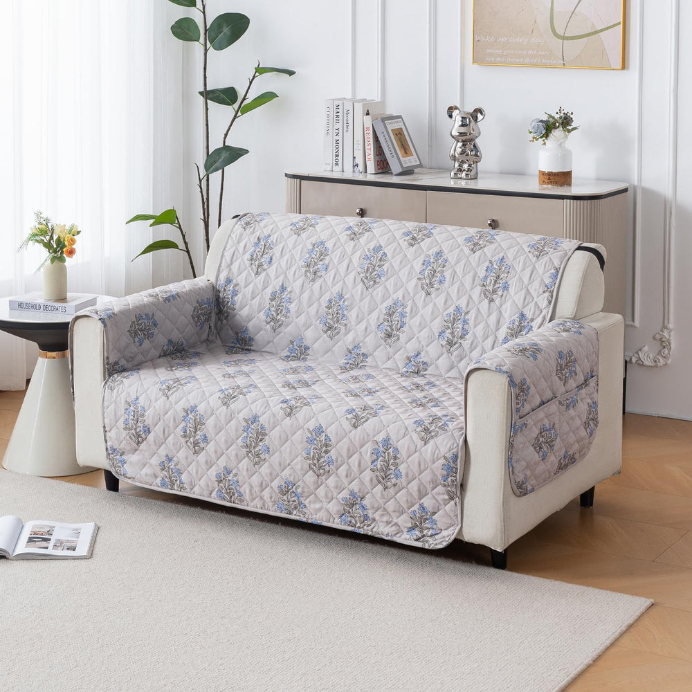 Mughal Series Anti-Slip Sofa Cover Mat with Pocket – Polyester Couch Protector(Beige Wildflower)