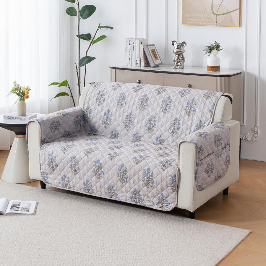 Mughal Series Anti-Slip Sofa Cover Mat with Pocket – Polyester Couch Protector(Beige Wildflower)