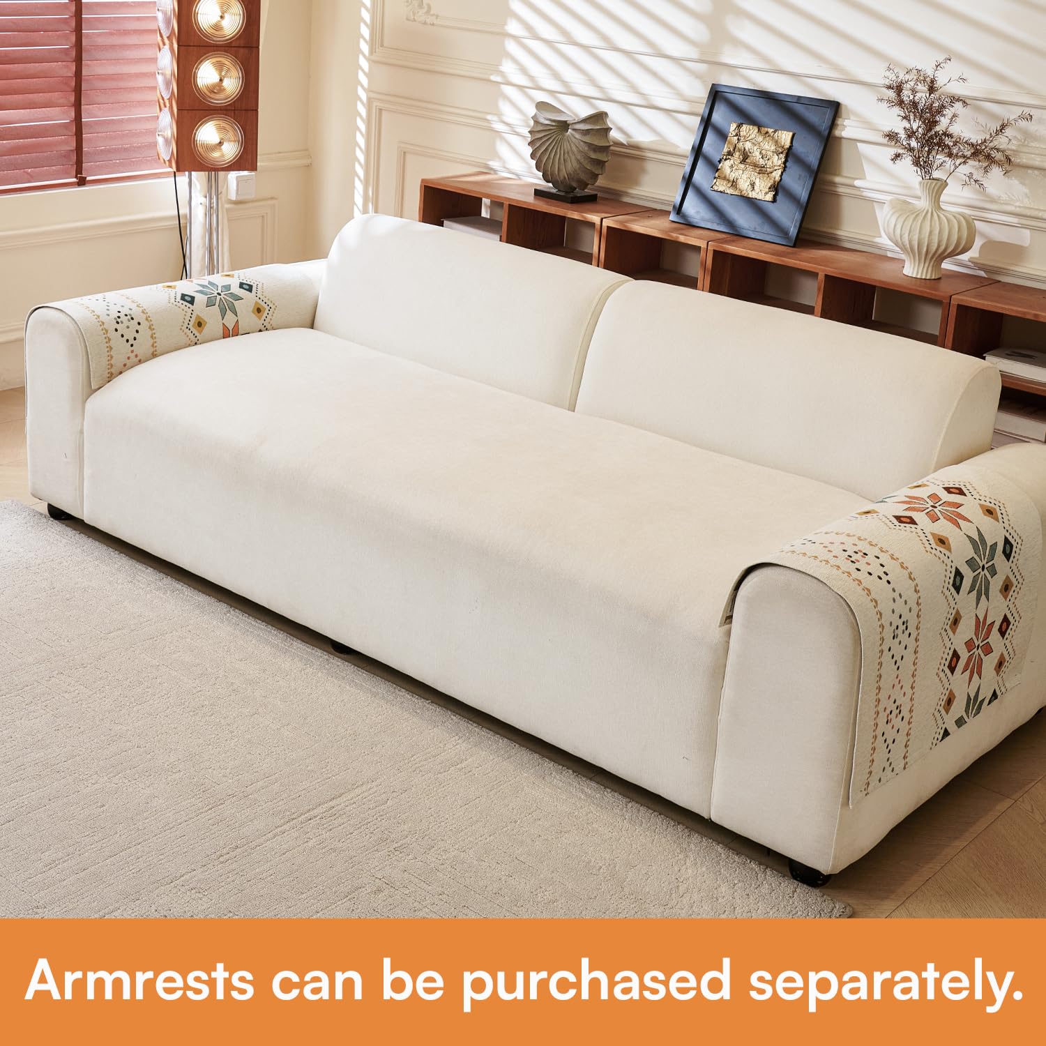 Rangoli Series Chenille Bohemia Couch Cover Quilted Non-Slip Washable Sofa Slipcover, Soft Furniture Protector (Cream)