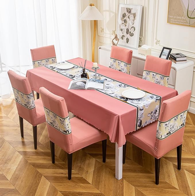 Dining Table Cover Waterproof (Peach Florals, 1 Table Cover + 6 Chair Cover)