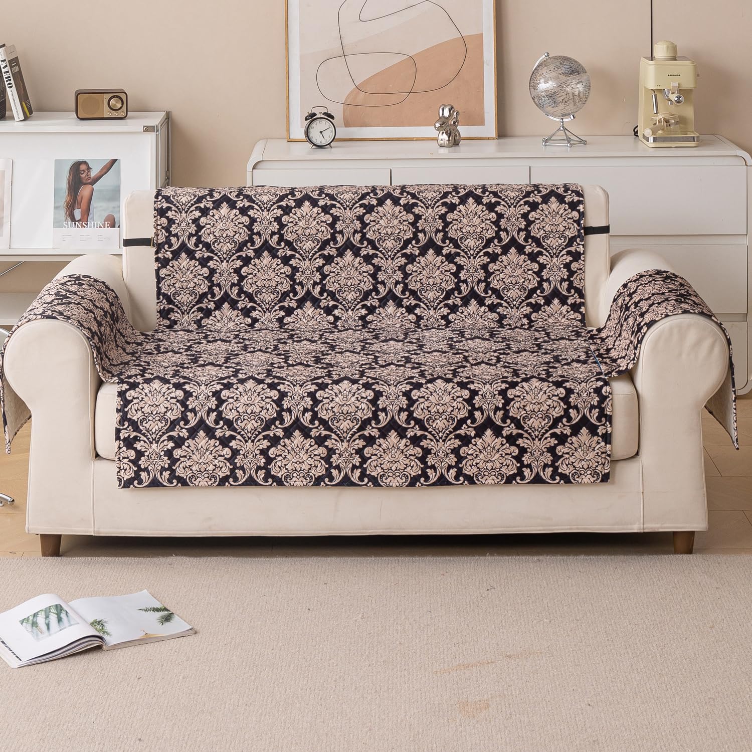 Quilted Printed Sofa Cover for Indian Sofa Set – Washable (Black Motif)