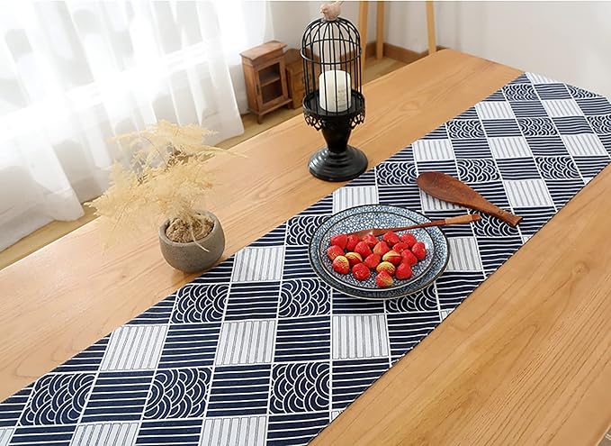 Table Runner, Linen Cotton Tassel Retro (1 Runner Blue Pattern)