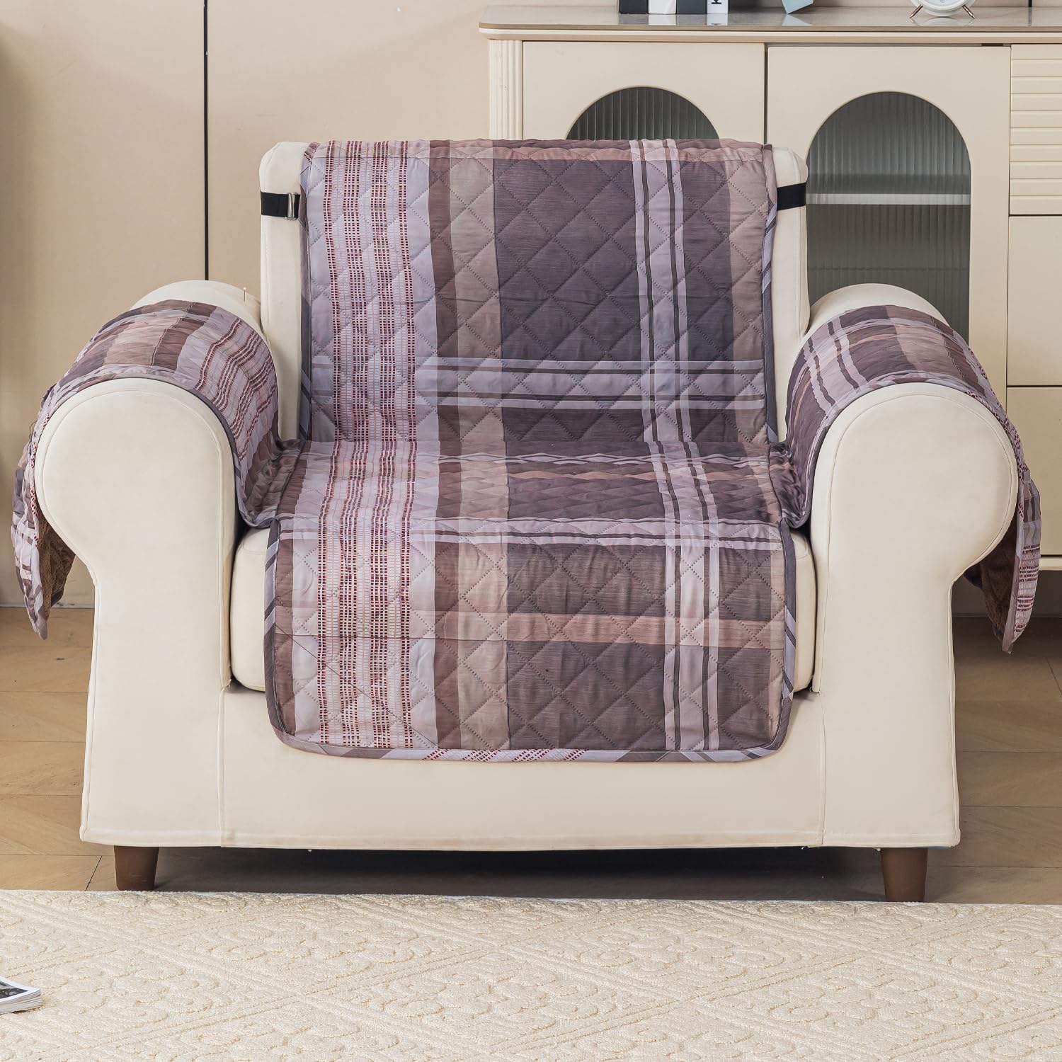 Gulnaar Series Anti-Slip Sofa Cover Mat with Pocket – Polyester Couch Protector(Warm Checks)