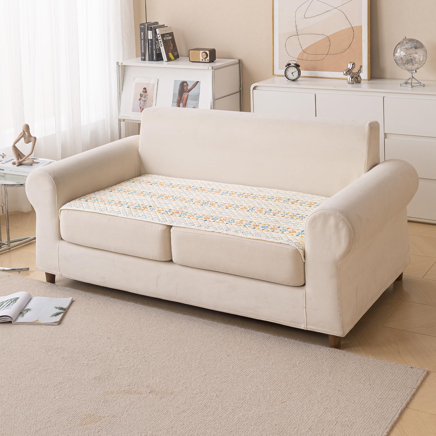 Printed Sofa Cover for Indian Sofa Set Quilted, Washable & Durable (Beige Garland)