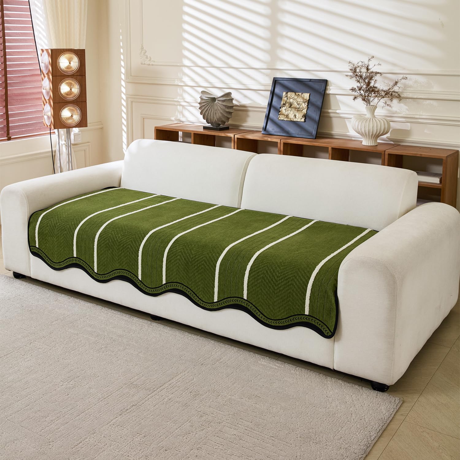 Loom Stripe Series Chenille Couch Cover Curved Edge Quilted Non-Slip Slipcover (Green)