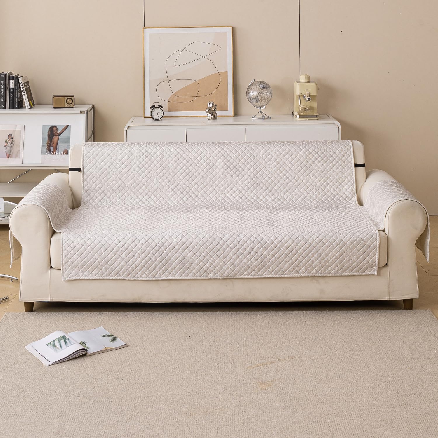Quilted Printed Sofa Cover for Indian Sofa Set – Washable (Beige Stem)