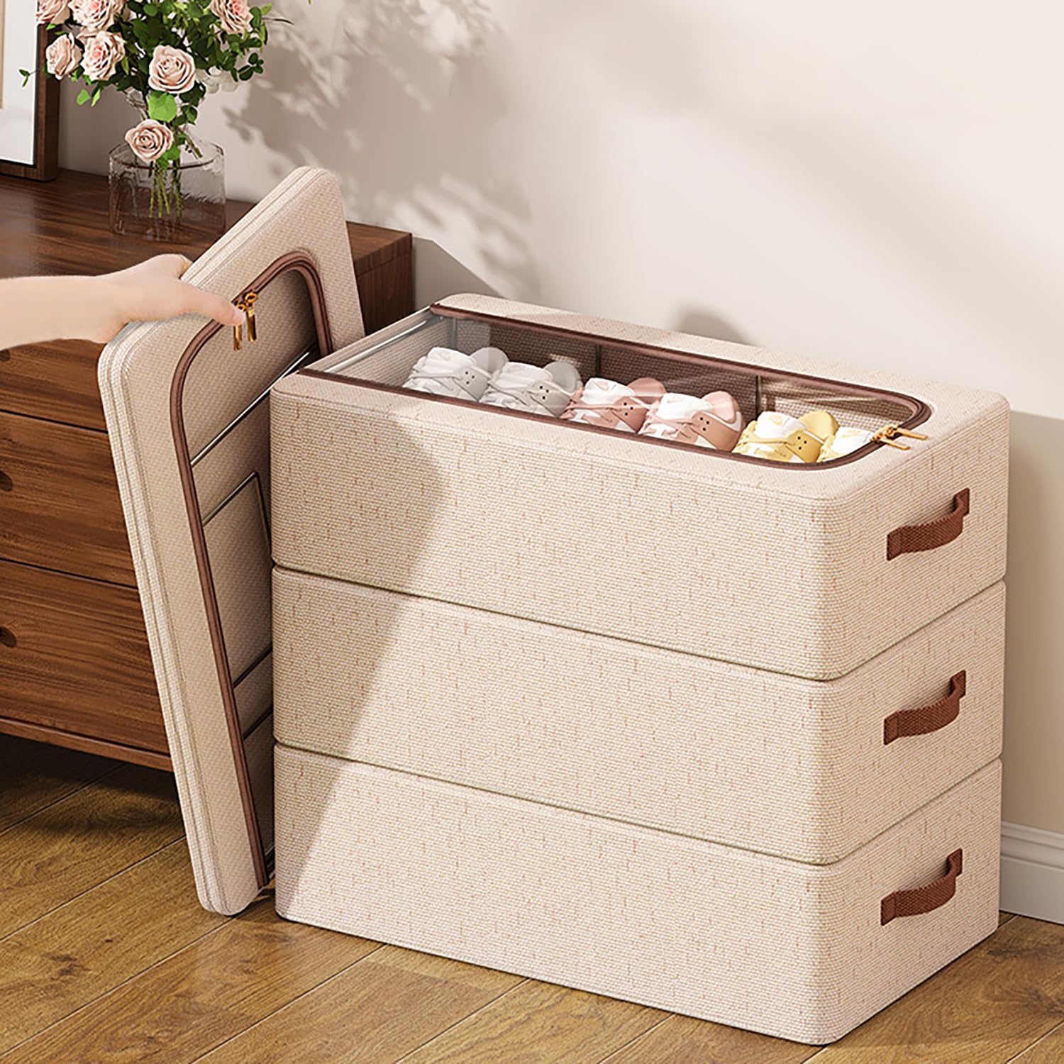 Cotton Linen Foldable Under Bed Storage Box with Transparent Lid-Beige