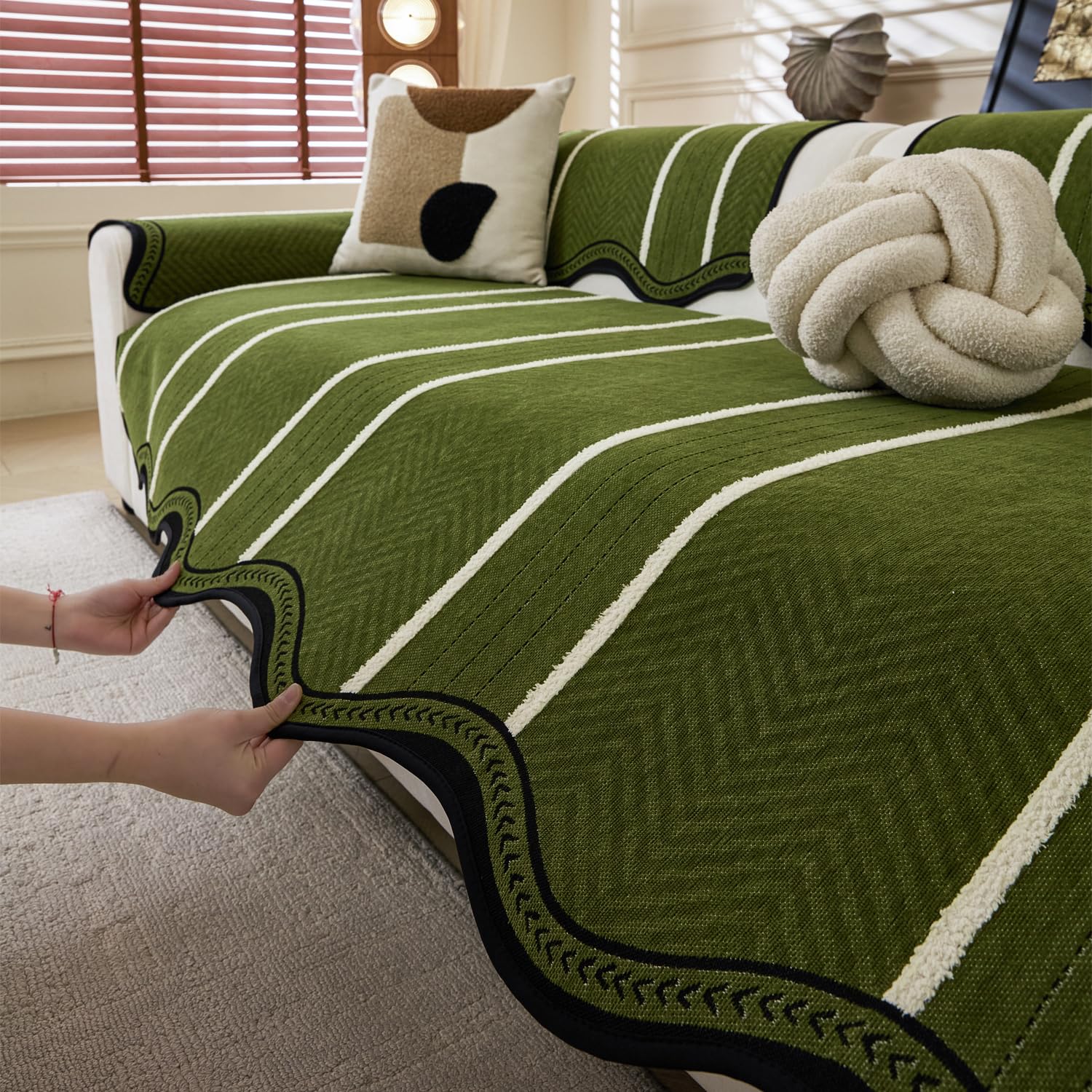 Loom Stripe Series Chenille Couch Cover Curved Edge Quilted Non-Slip Slipcover (Green)