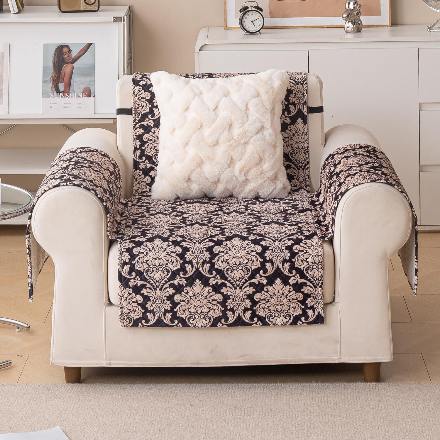 Quilted Printed Sofa Cover for Indian Sofa Set – Washable (Black Motif)