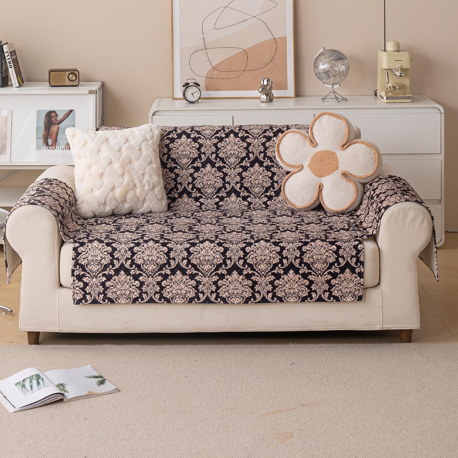 Quilted Printed Sofa Cover for Indian Sofa Set – Washable (Black Motif)
