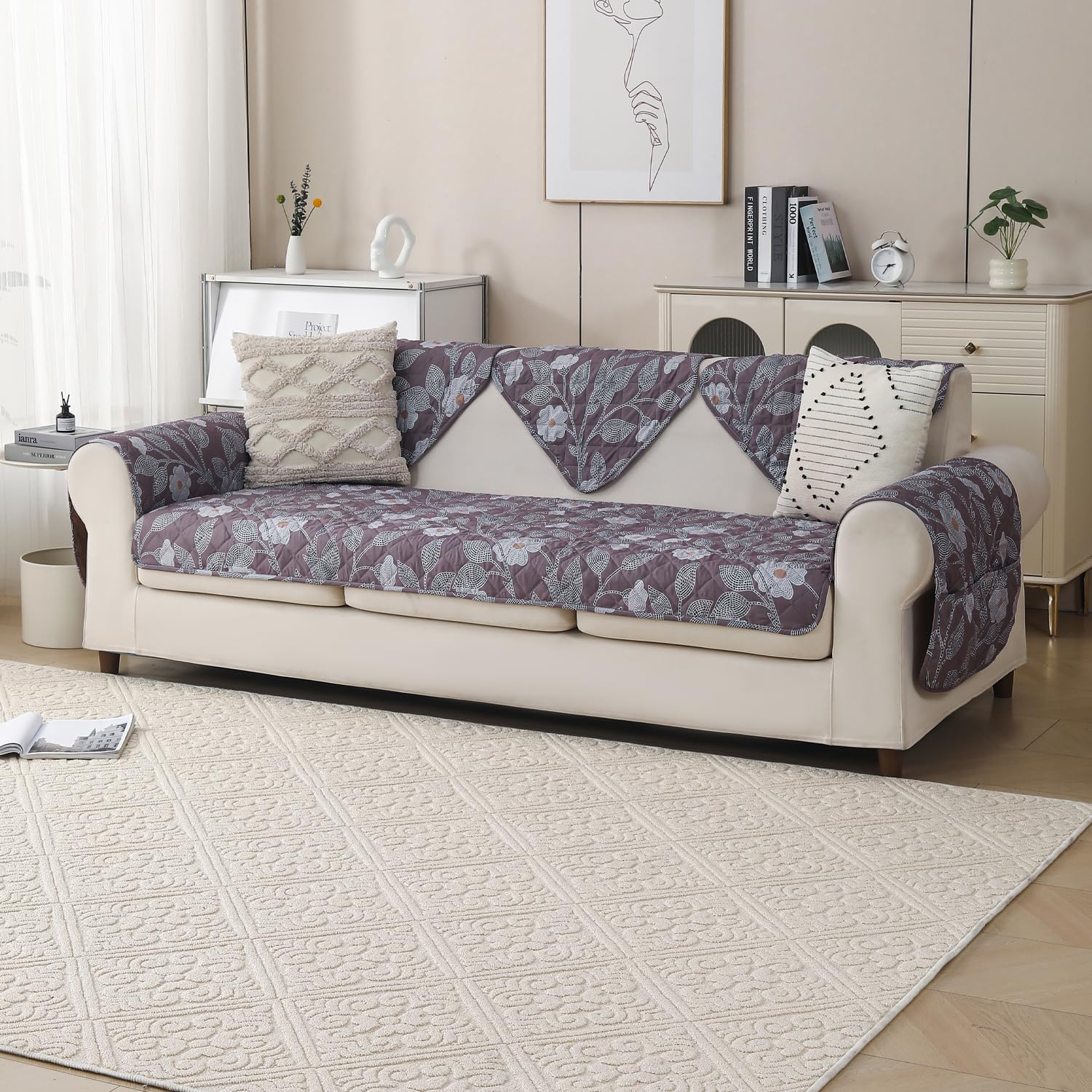 'Gulnaar Series' Printed Quilted Sofa Cover for 1/2/3/4 Seater – Anti-Slip (Walnut Noir)