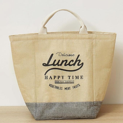 Insulated Reusable Cotton Jute Lunch Bag Tote Bag (Beige Happytime)