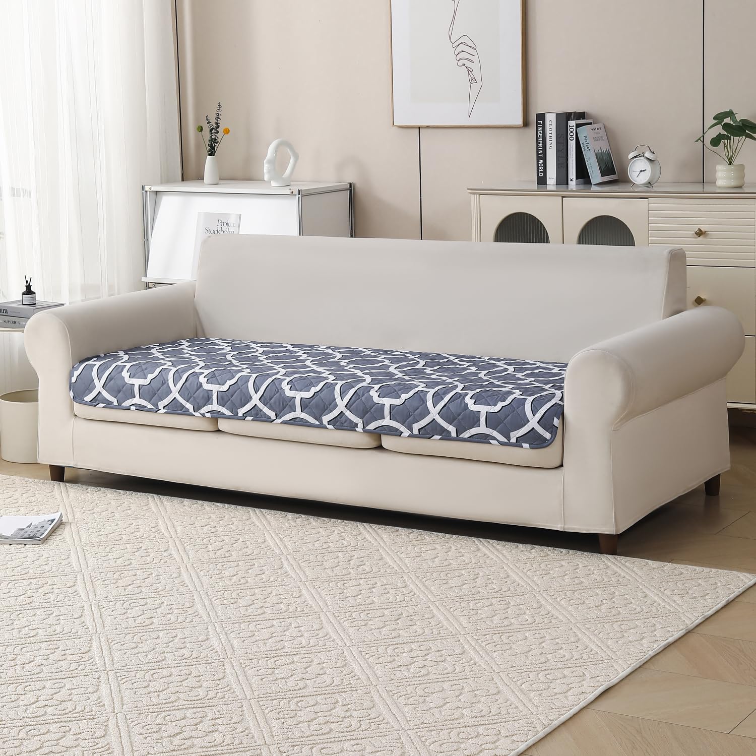 'Aura Petal Series' Quilted Sofa Mat Printed – Anti Slip (Octa Grey)