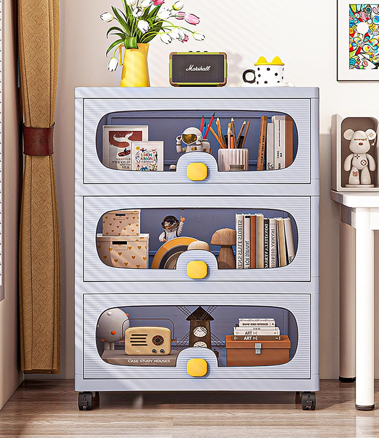 Stackable Collapsible Storage Box Cabinet with Wheels & Flip Doors (Grey)