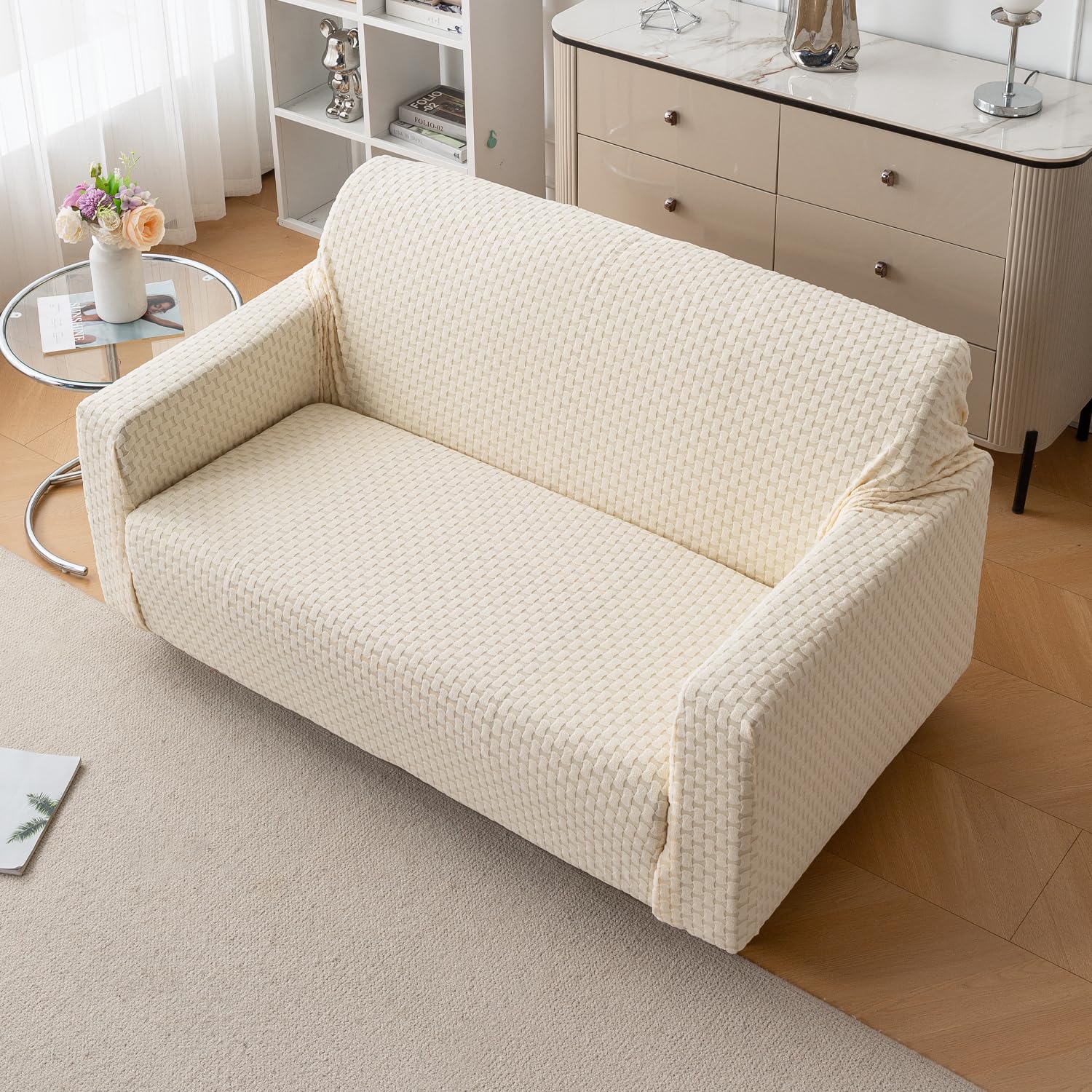 Elegant Jacquard Fabric 220 GSM Sofa Cover – Ultra Soft Stretchable (Beige)