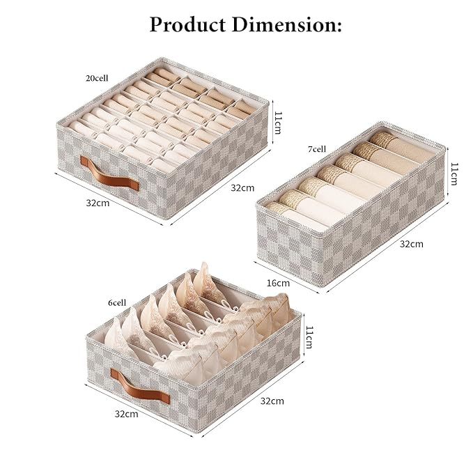 3 Pack Sock Underwear Organizer Dividers,(20+7+6 Cell, Grey)