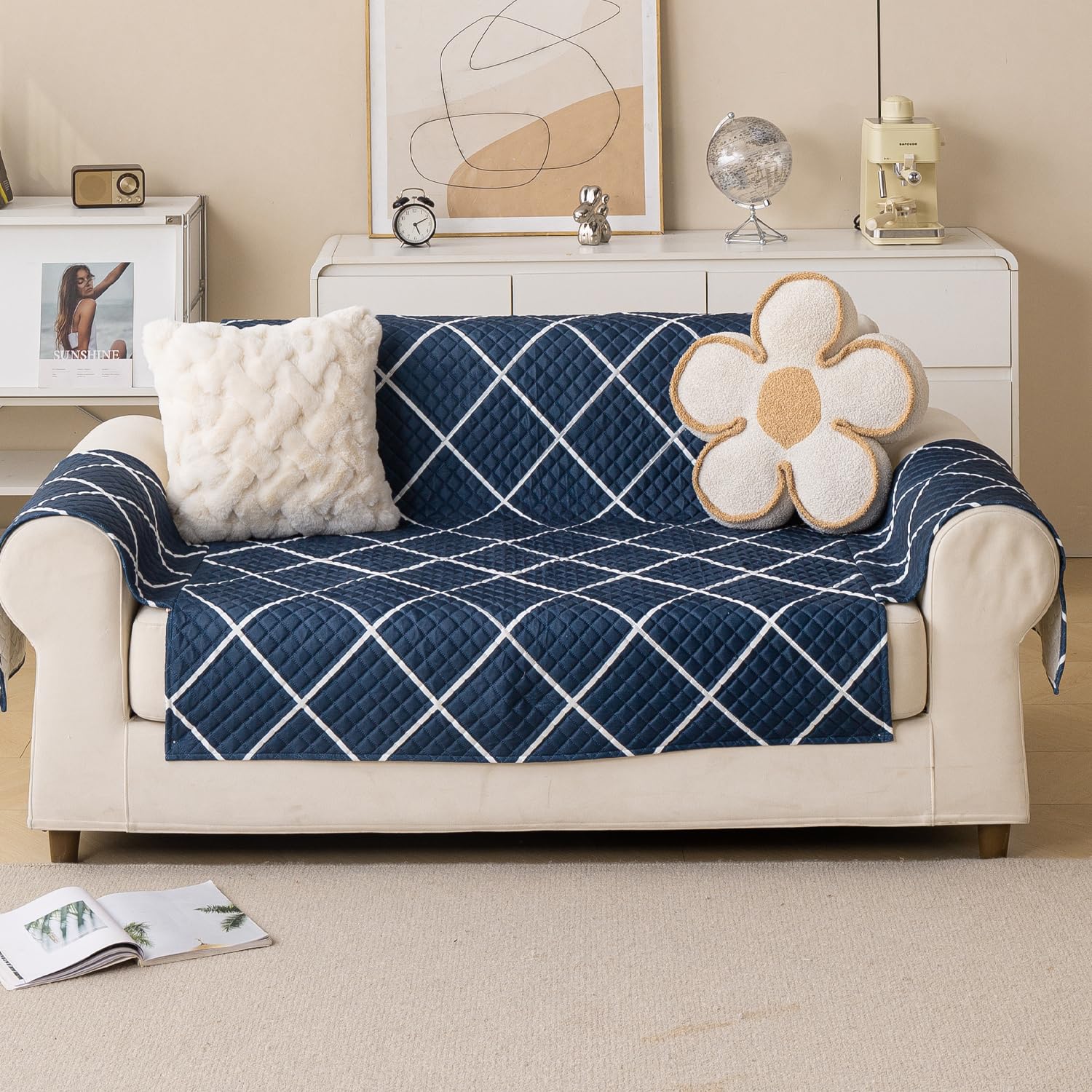 Quilted Printed Sofa Cover for Indian Sofa Set – Washable (Blue Diamond)