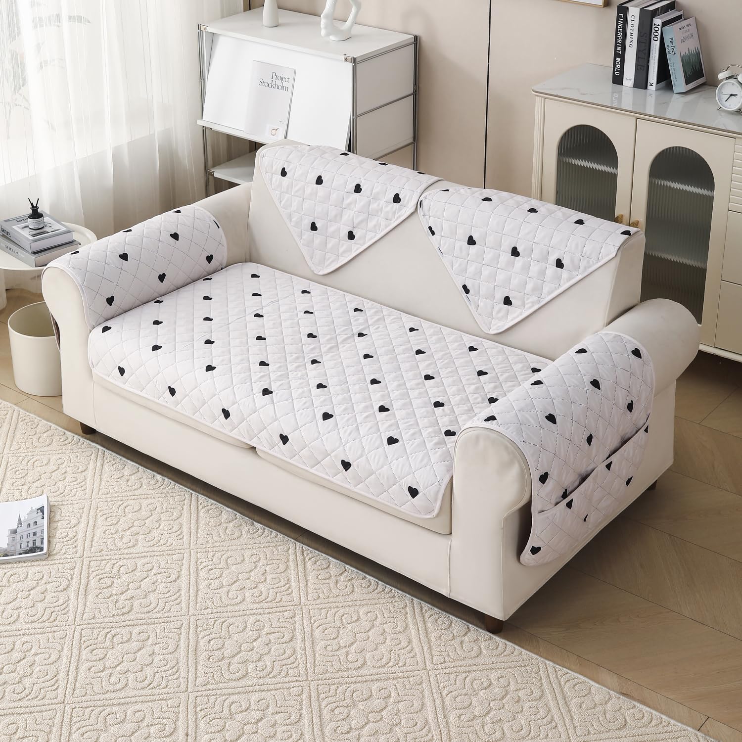 'Gulnaar Series' Printed Quilted Sofa Cover for 1/2/3/4 Seater – Anti-Slip (Mocha Mist)