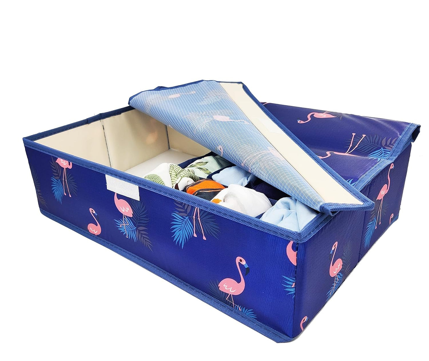 Innerwear Organizer 15+1 Compartment Non-Smell Non Woven Foldable Fabric Storage Box for Closet - Blue Flamingo