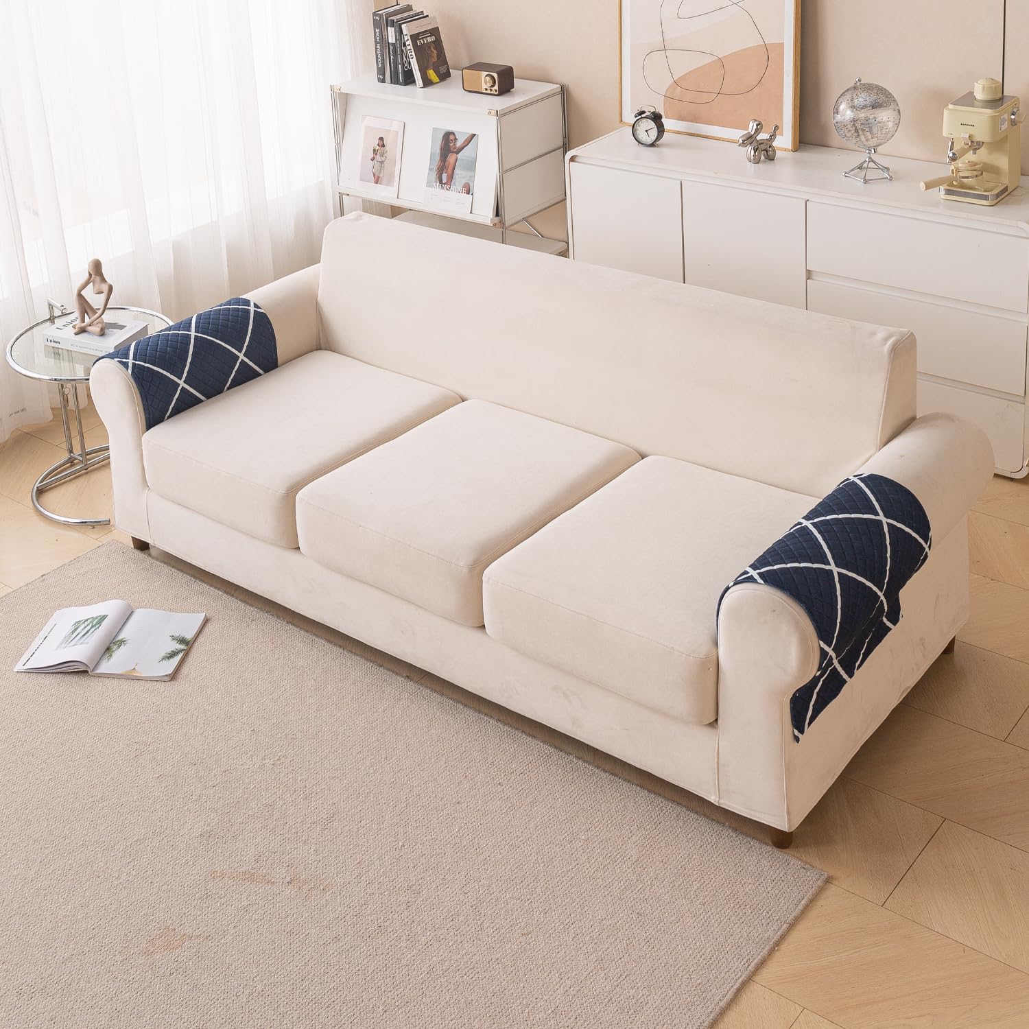 Printed Sofa Cover for Indian Sofa Set Quilted, Washable & Durable (Blue Diamond)