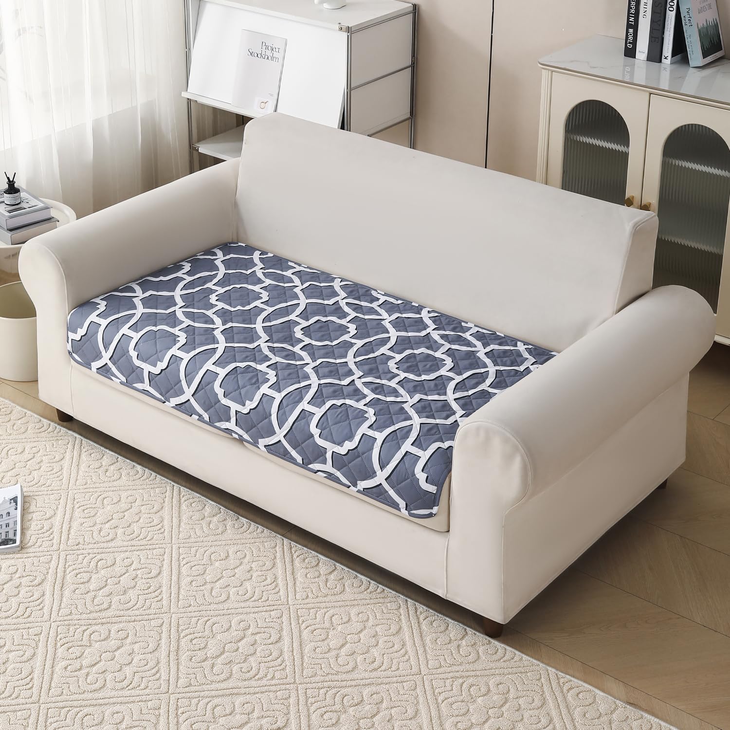 'Aura Petal Series' Quilted Sofa Mat Printed – Anti Slip (Octa Grey)