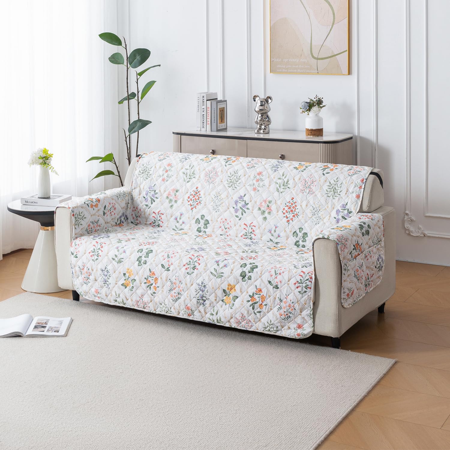 Mughal Series Anti-Slip Sofa Cover Mat with Pocket – Polyester Couch Protector(Baghe Bahar)