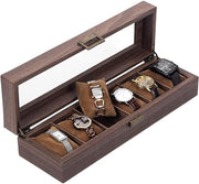Wooden Look 6 Slot Watch Box Organizer with Glass Top Antique Lock