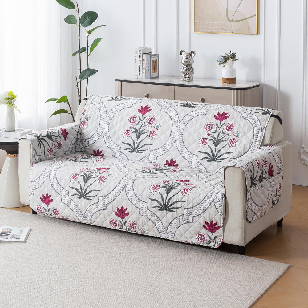 Mughal Series Anti-Slip Sofa Cover Mat with Pocket – Polyester Couch Protector(Mughal Buta)