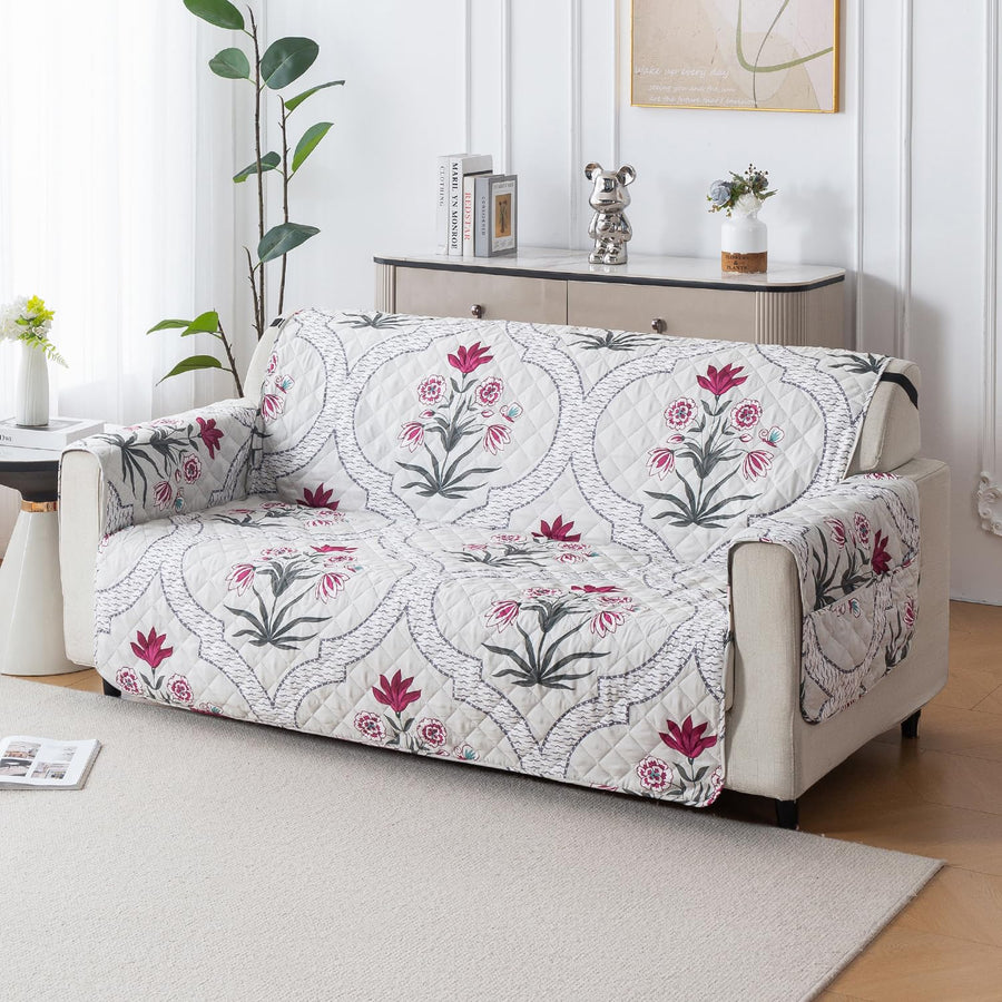 Mughal Series Anti-Slip Sofa Cover Mat with Pocket – Polyester Couch Protector(Mughal Buta)