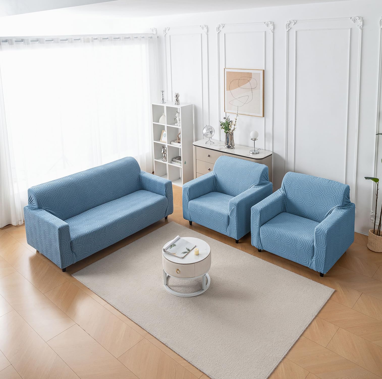 Premium Jacquard Fabric 220 GSM Sofa Cover – Soft, Stretchable (Light Blue)