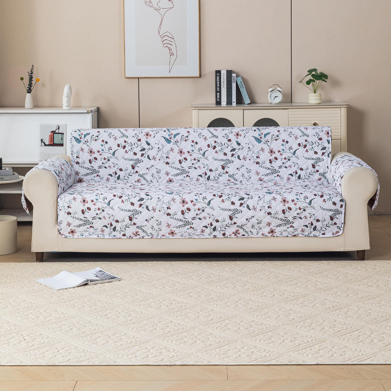 Gulnaar Series Anti-Slip Sofa Cover Mat with Pocket – Polyester Couch Protector(Beige Spring)