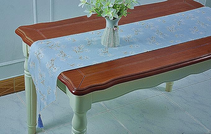 Table Runner, Linen Cotton Tassel Retro (1 Runner 30x140cm, 4 Placemat Blue Daisy)
