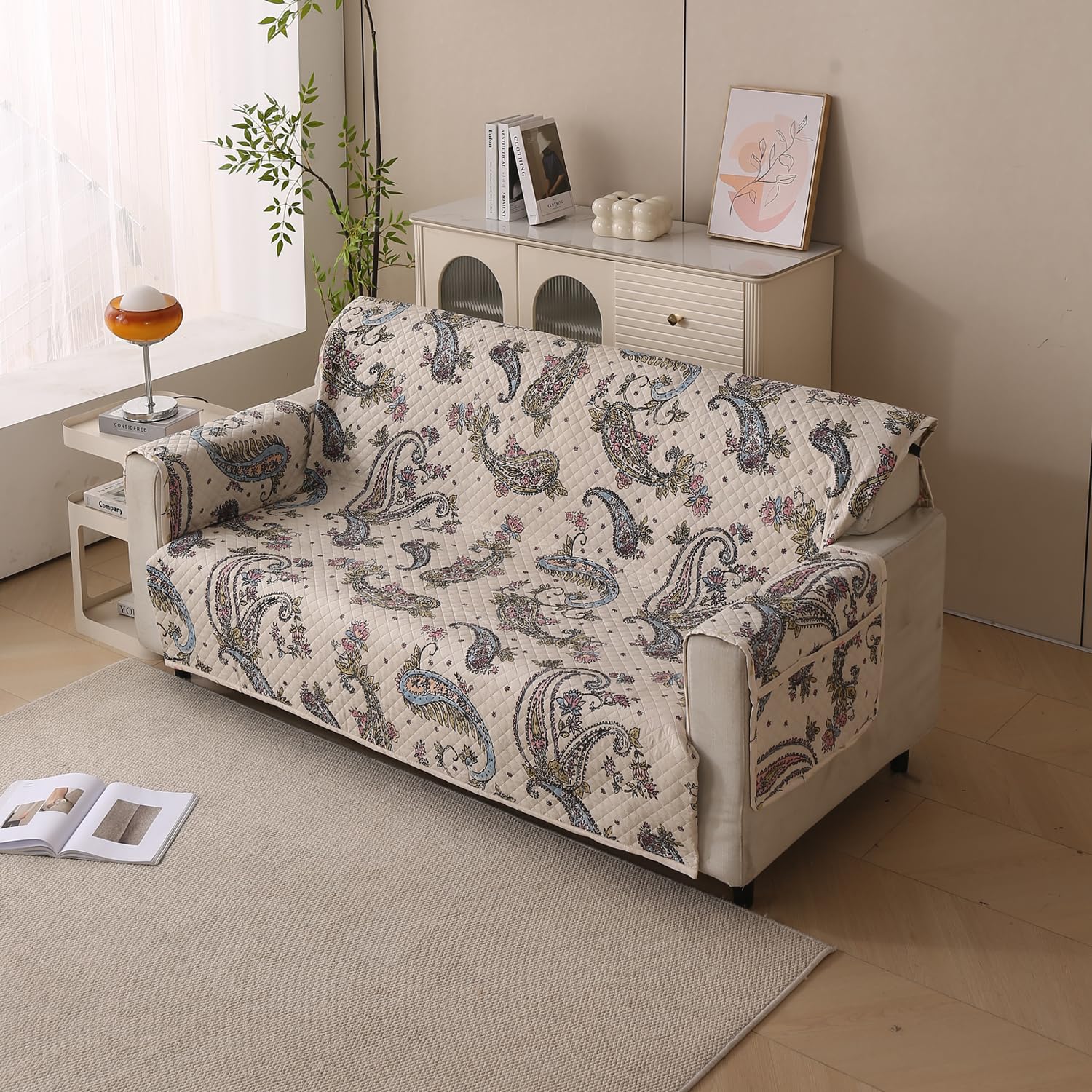 Polyester Sofa Cover Mat Reversible Couch Protector-White Pearl