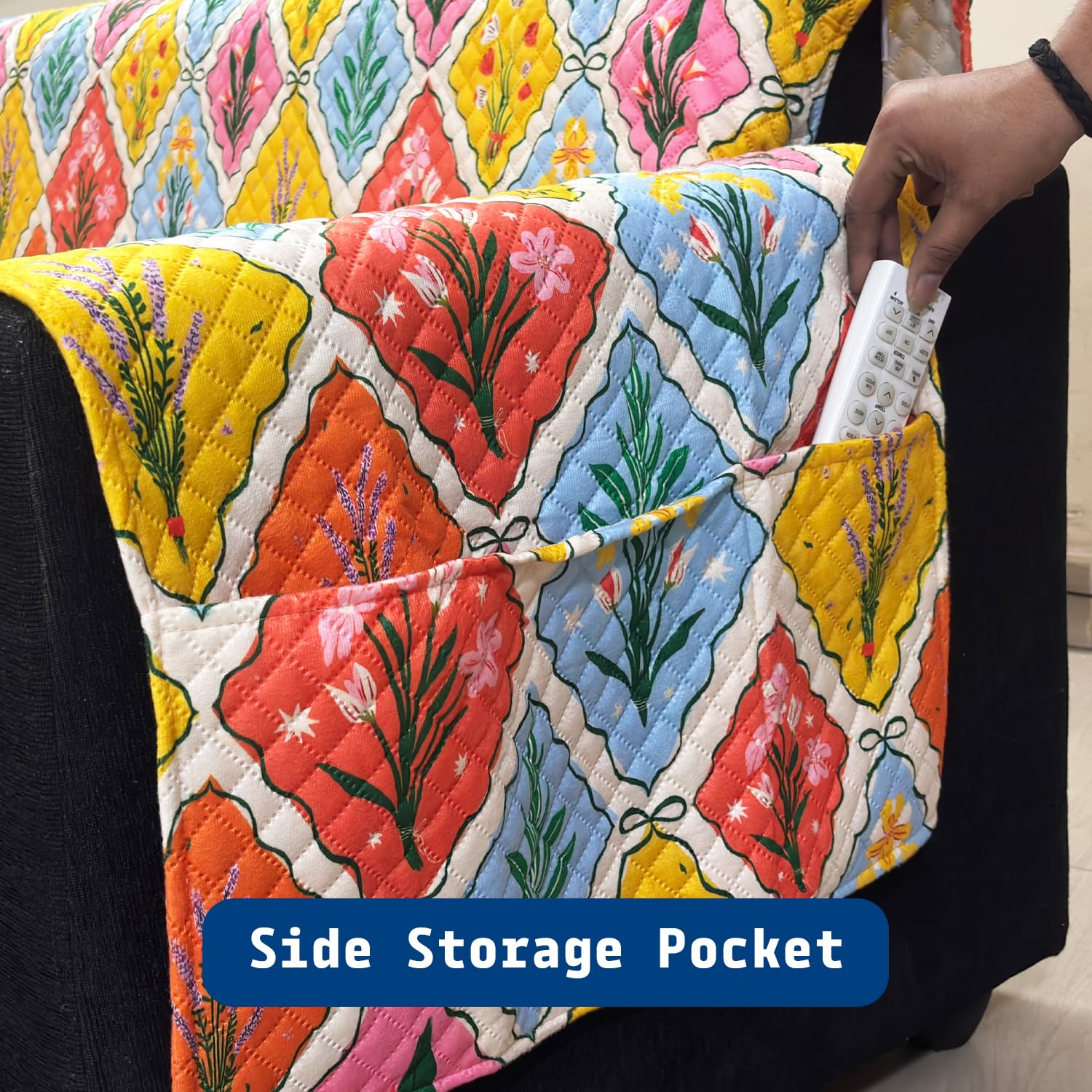 IKATRA Series Quilted Printed Sofa Cover for Indian Sofa Set with Side Pocket (Spring Blossom)