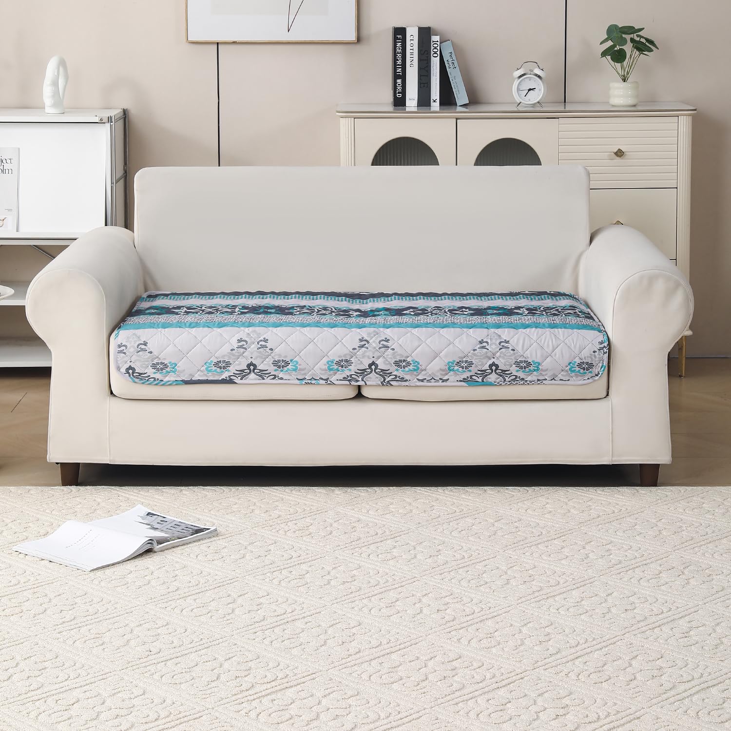 'Aura Petal Series' Quilted Sofa Mat Printed – Anti Slip (Boho Green)
