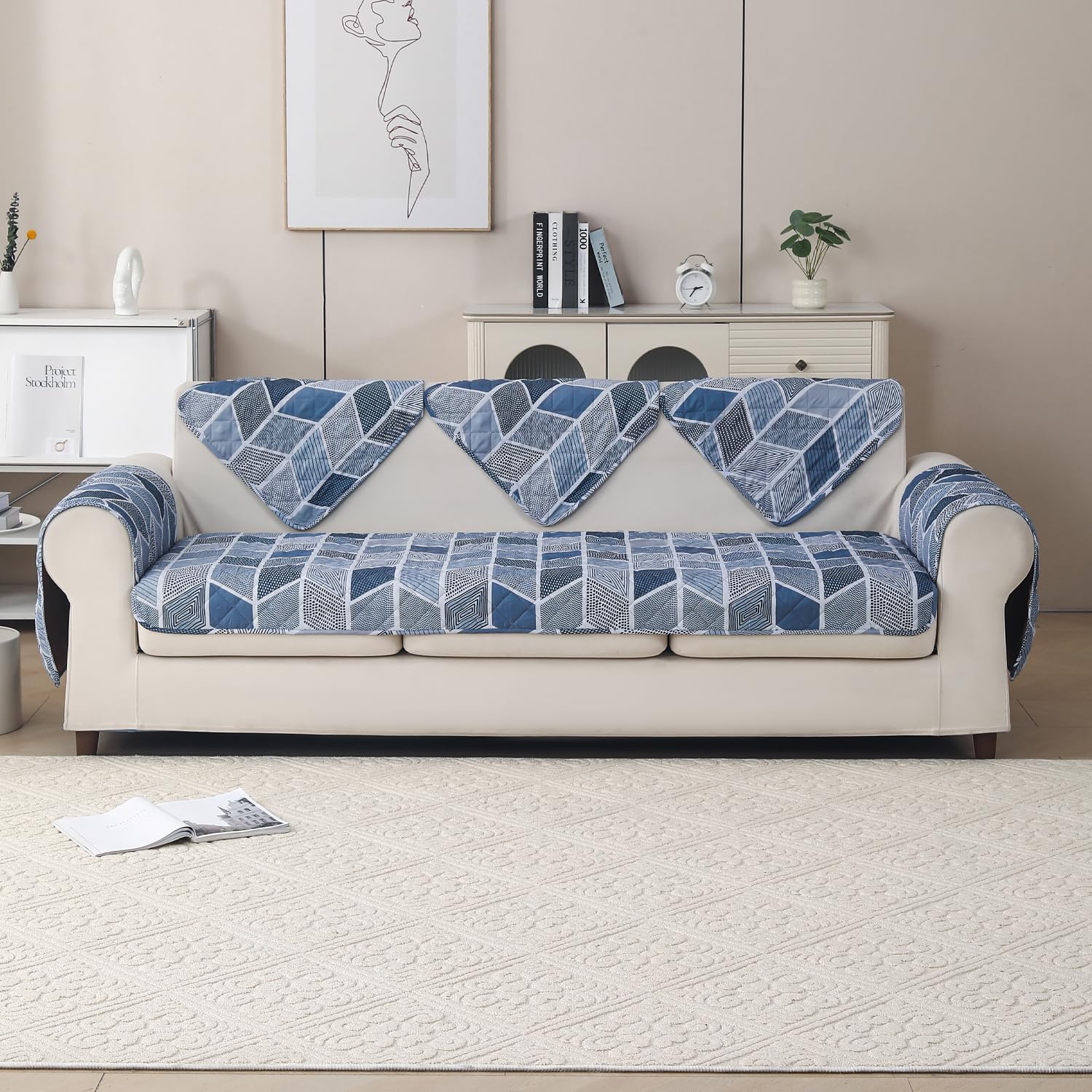 'Aura Petal Series' Quilted Sofa Mat Printed – Anti Slip (Hexa Blue)