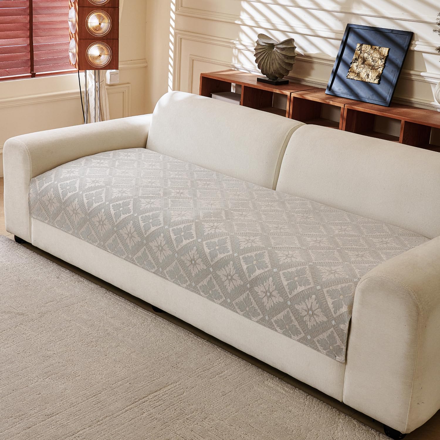 Lumen Series Chenille Jacquard Couch Cover – Quilted Non-Slip Washable Sofa (Grey)