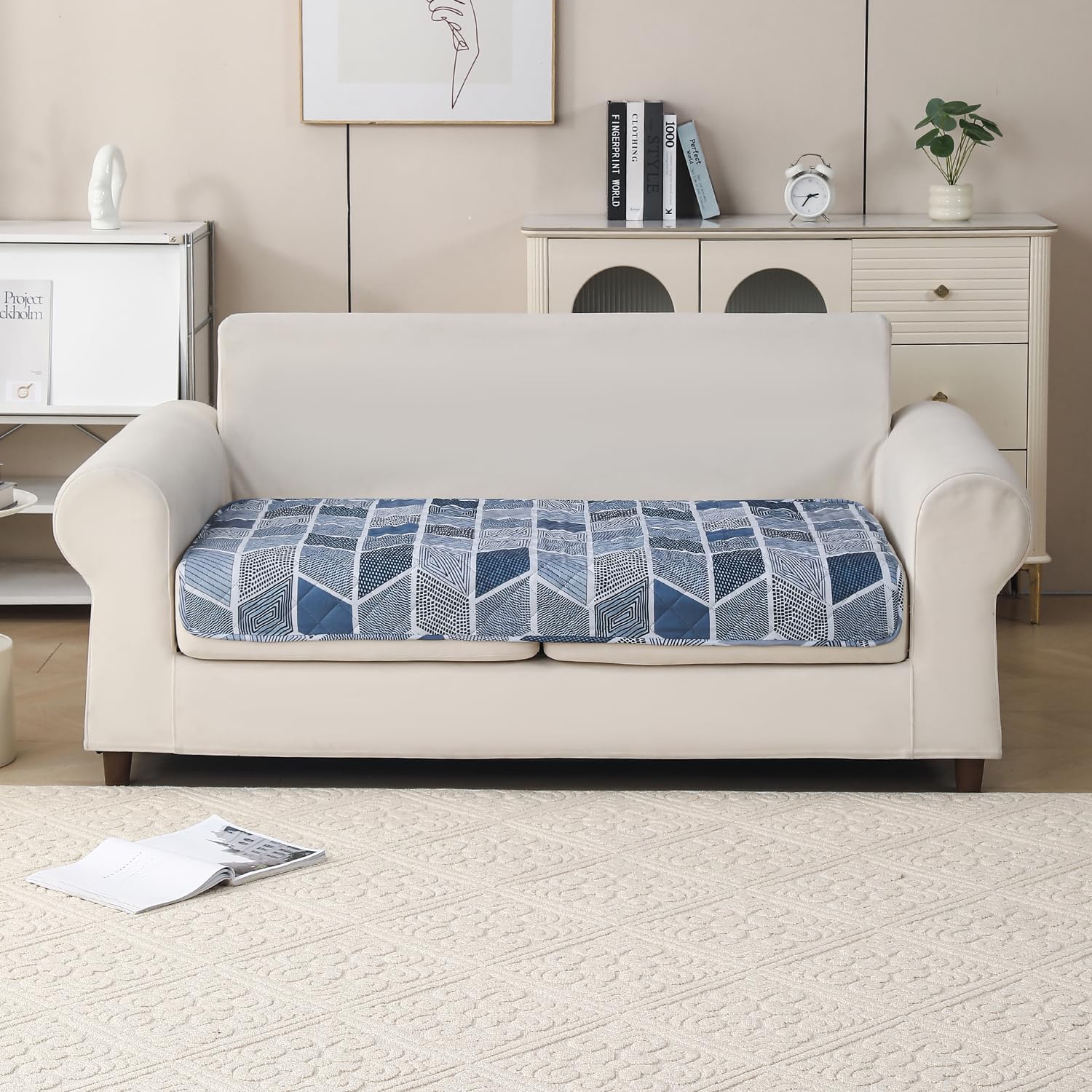 'Aura Petal Series' Quilted Sofa Mat Printed – Anti Slip (Hexa Blue)