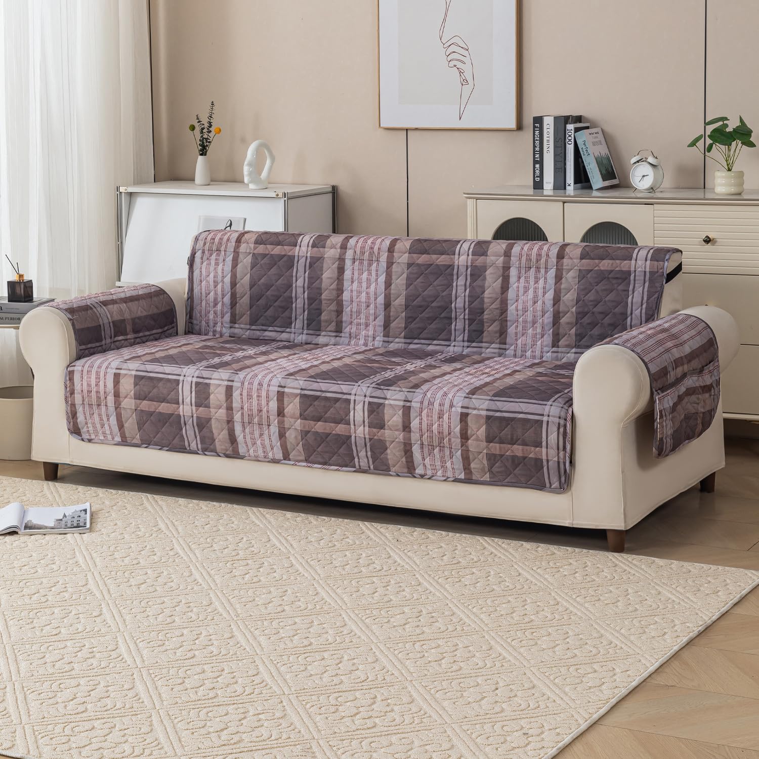 Gulnaar Series Anti-Slip Sofa Cover Mat with Pocket – Polyester Couch Protector(Warm Checks)