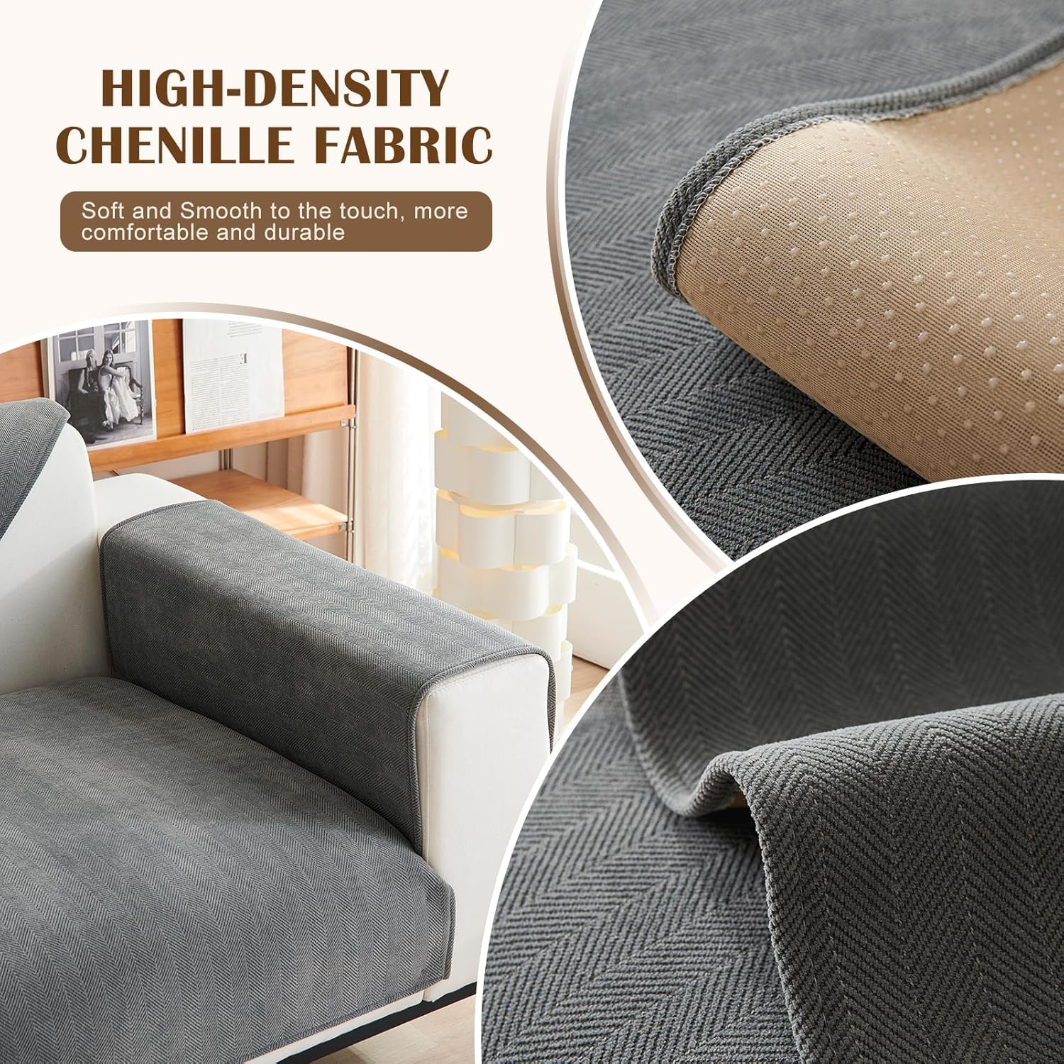 Herringbone Chenille Sofa Cover Set – 3 Pcs (2pc Armrest Covers 50x70cm + 1pc Seat Cover) Grey