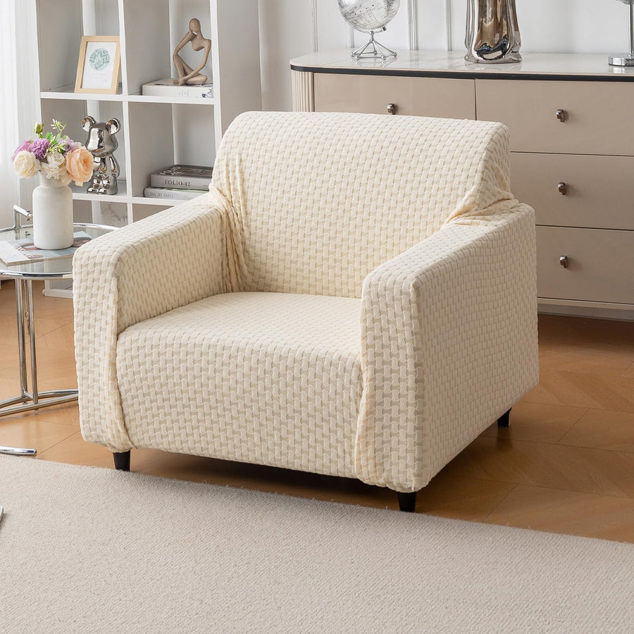 Elegant Jacquard Fabric 220 GSM Sofa Cover – Ultra Soft Stretchable (Beige)