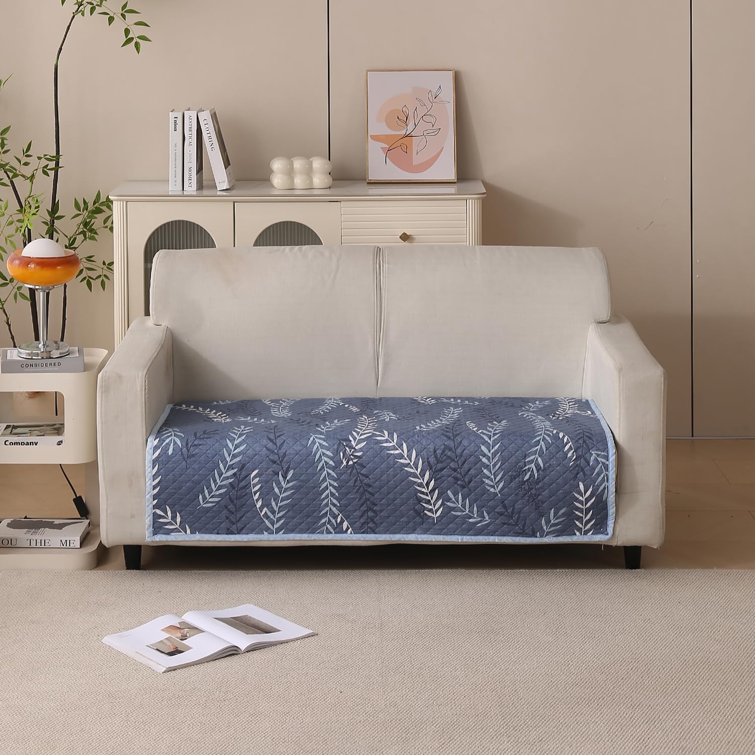Reversible Printed Quilted Sofa Cover Mats for 1/2/3/4 Seater Sofa Cover- Blue Fern