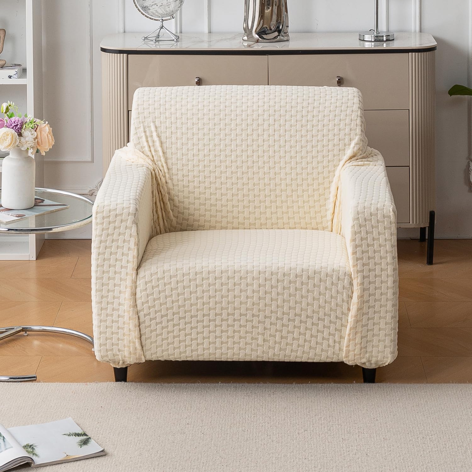 Elegant Jacquard Fabric 220 GSM Sofa Cover – Ultra Soft Stretchable (Beige)