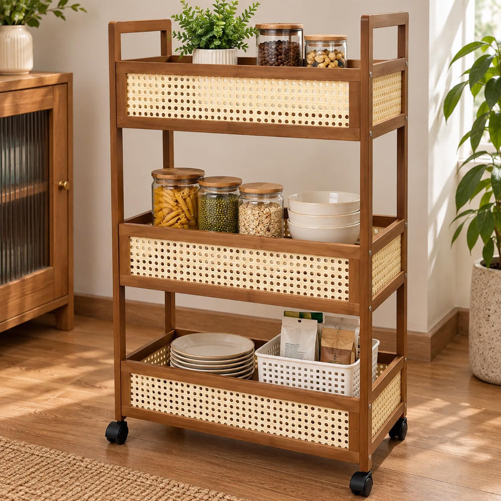 3-Tier Movable Storage Trolley with Wheels - Brown