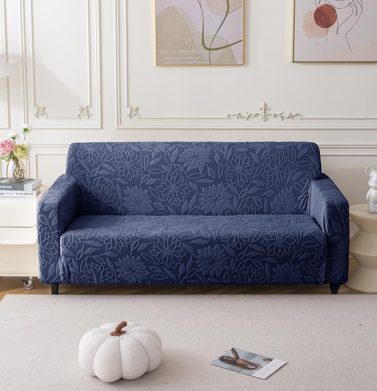 Universal Jacquard Waterproof Camellia 3 + 2 Seater Sofa Cover (Dark Blue)