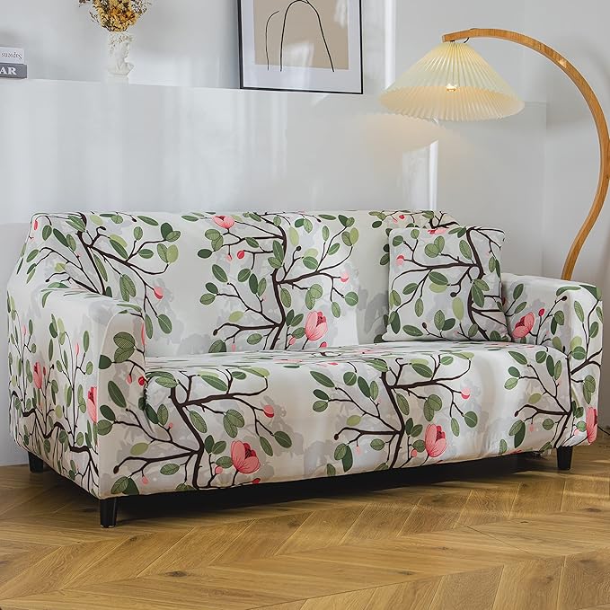 Polyester Spandex Printed Sofa Cover (Leaf Pink Flower)