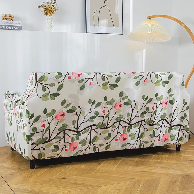 Polyester Spandex Printed Sofa Cover (Leaf Pink Flower)