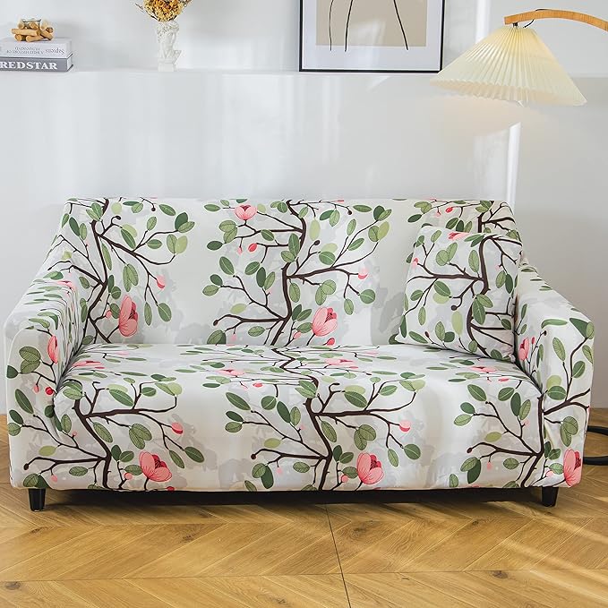 Polyester Spandex Printed Sofa Cover (Leaf Pink Flower)