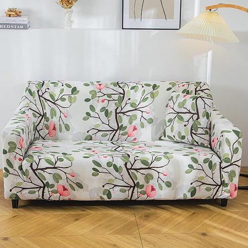 Polyester Spandex Printed Sofa Cover (Leaf Pink Flower)